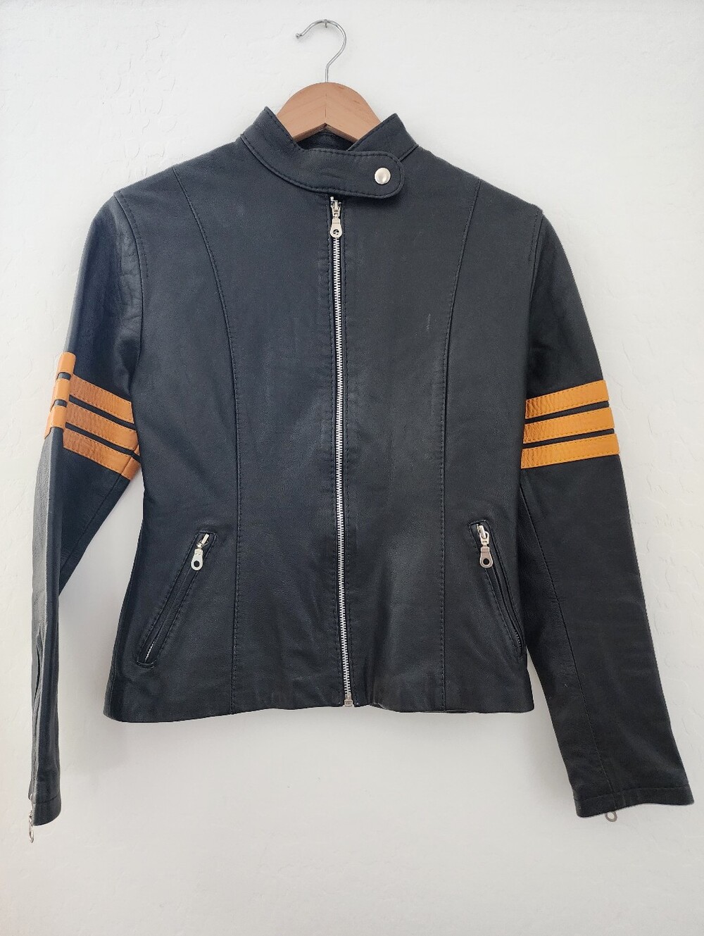 Vintage Pedrojas Black Leather Moto Jacket with Orange Stripes - Women, 6